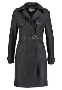 Black trench coat made of smooth fabric, featuring double-breasted design, wide lapels, belted waist, and buttoned cuffs.