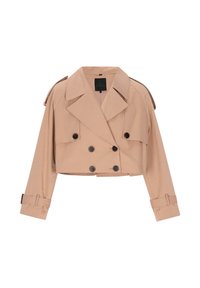 Avklippt beige trenchcoat i slätt tyg, med dubbelknäppt framstycke, stor kavajkrage och knäppta ärmslut.