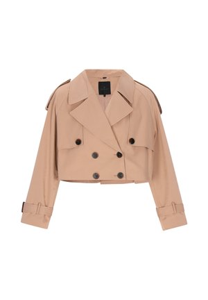 Leikattu beige trenssitakki, tehty sileästä kankaasta, jossa on kaksirivinen edusta, suuri lovellinen kaulus ja napilliset kalvosimet.