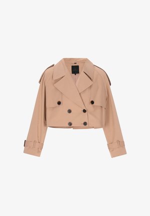 Gekürzter beiger Trenchcoat aus glattem Stoff mit zweireihiger Knopfleiste, großem Reverskragen und knöpfbaren Manschetten.