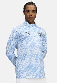 Helles blaues Sporttrikot mit einem halb-gesteppten Design, das diagonale Streifen in verschiedenen Farbtönen zeigt, sowie einem schwarzen Puma-Logo und Emblem auf der Brust.