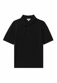 Svart polo skjorta i mjukt material, med klassisk krage, tre knappar framtill och korta ärmar. Enkel, minimalistisk design.