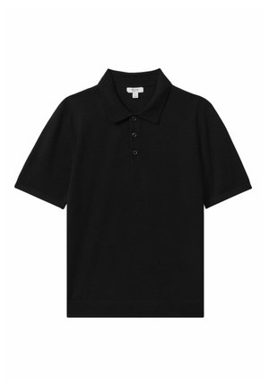 Cămașă polo neagră din țesătură netedă, cu guler clasic, deschidere cu trei nasturi și mâneci scurte. Design simplu, minimalist.