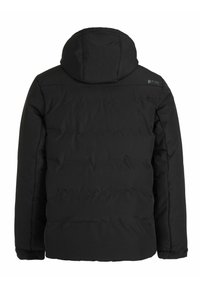 Doudoune noire avec capuche, présentant un design matelassé, une texture lisse et un logo sur le haut du dos. Pas de fermetures ou d'accents visibles.