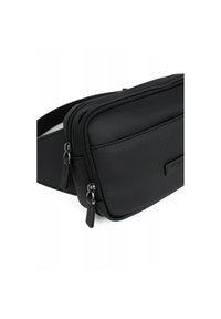 Borsa a tracolla nera con due scomparti con zip, realizzata in nylon testurizzato. Presenta linee eleganti e un branding minimale.