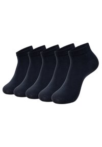 Fünf Paare von dunkelblauen Knöchelsocken, die über einen gerippten Schaft und eine glatte Textur verfügen und so geformt sind, dass sie bequem den Fuß bedecken.