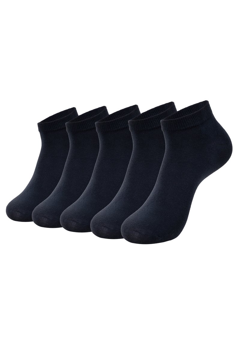 Fünf Paare von dunkelblauen Knöchelsocken, die über einen gerippten Schaft und eine glatte Textur verfügen und so geformt sind, dass sie bequem den Fuß bedecken.