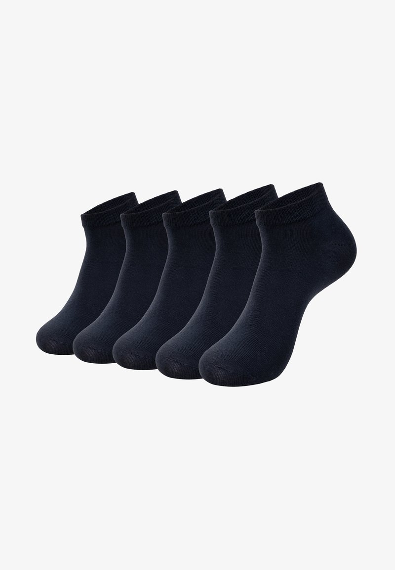 Fünf Paare von dunkelblauen Knöchelsocken, die über einen gerippten Schaft und eine glatte Textur verfügen und so geformt sind, dass sie bequem den Fuß bedecken.