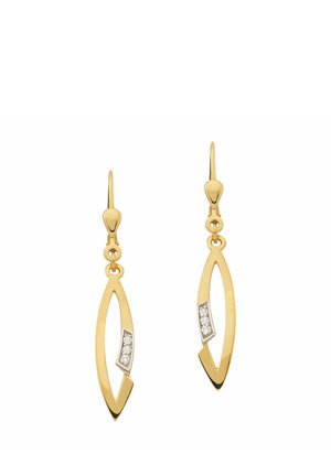 Orecchini a goccia in oro con forme ovali aperte allungate, ciascuno con una piccola sezione curva impreziosita da tre diamanti.