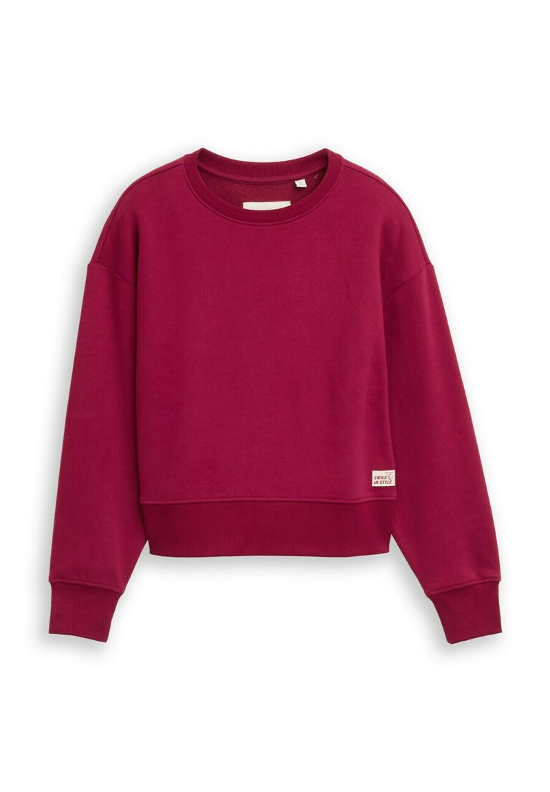 Kastanienfarbener, verkürzter Sweatshirt aus Baumwollmischung. Mit Rundhalsausschnitt, langen Ärmeln, gerippten Bündchen und einem kleinen Etikett am Saum.