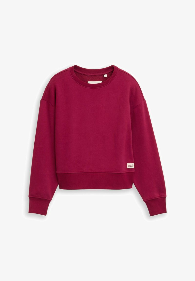 Kastanienfarbener, verkürzter Sweatshirt aus Baumwollmischung. Mit Rundhalsausschnitt, langen Ärmeln, gerippten Bündchen und einem kleinen Etikett am Saum.
