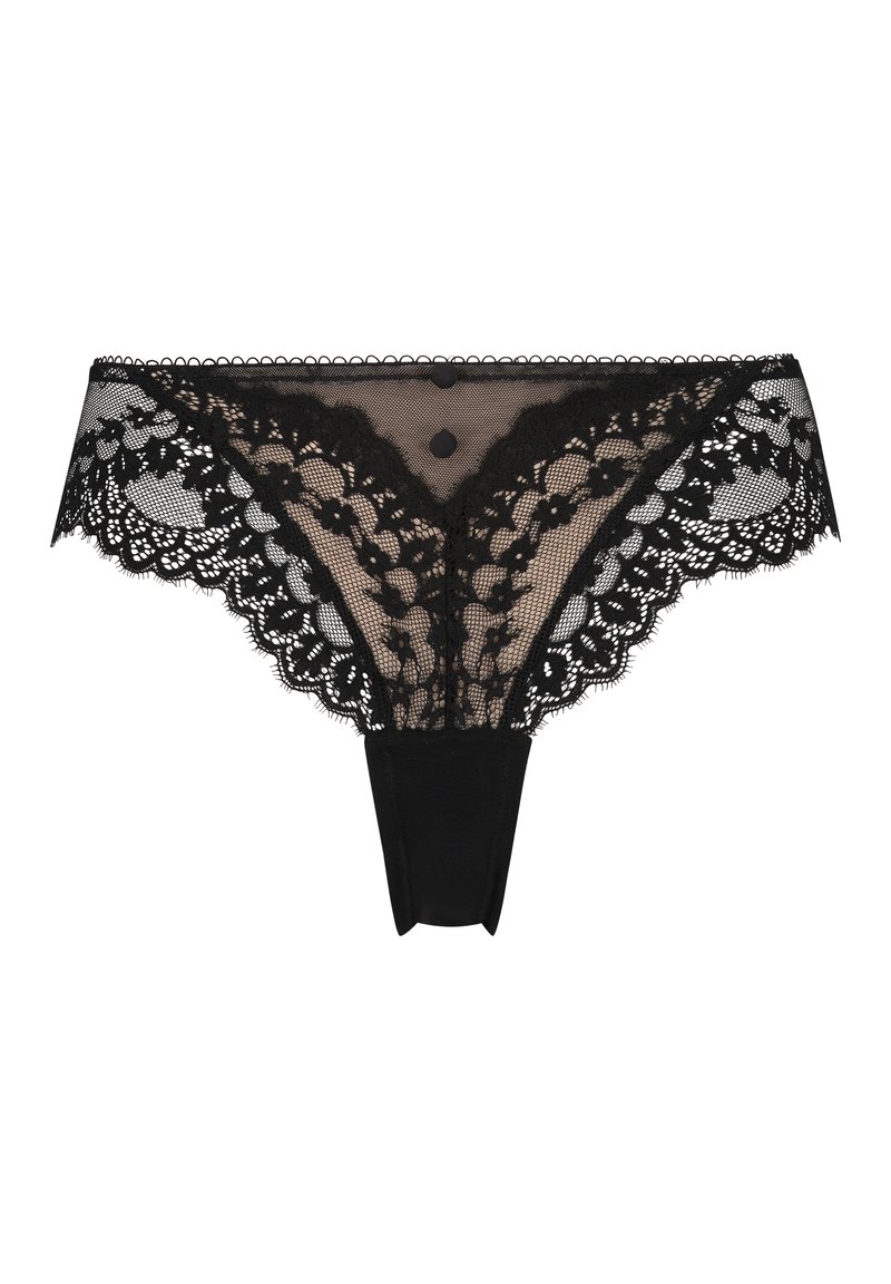 Schwarzer Spitzenstring mit floralen Mustern, durchsichtigen Netzeinsätzen, gewellten Kanten und einem mittigen Knopfdetail für zusätzlichen Stil.