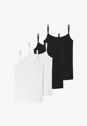 Set aus vier Baumwoll-Trägershirts mit Spaghetti-Trägern, zwei in Weiß und zwei in Schwarz, in überlappenden Reihen angeordnet.