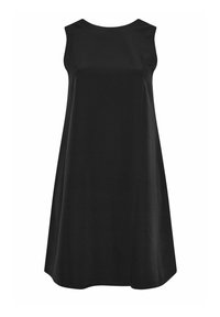 Vestido negro sin mangas hecho de una tela suave, con una silueta A fluida y un escote redondo, sin hardware o adornos visibles.