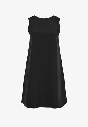 Zwarte mouwloze jurk van soepel materiaal, met een losse A-lijn silhoutte en een ronde halslijn, zonder zichtbare hardware of versieringen.