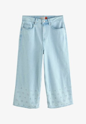 Heleroosad laia lõikega lühendatud teksad, mille ääre lähedal ja esi- ning tagataskutel on tikitud lillemustrid.