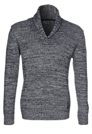 Navy und grauer Strickpullover mit Schalkragen, langen Ärmeln, gerippten Bündchen und einem strukturierten Muster. Etikett sichtbar am Saum.