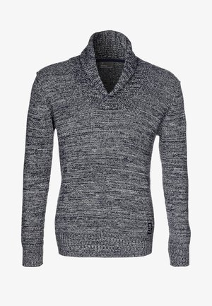 Navy und grauer Strickpullover mit Schalkragen, langen Ärmeln, gerippten Bündchen und einem strukturierten Muster. Etikett sichtbar am Saum.