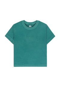 T-shirt di cotone verde acqua con scollatura rotonda, maniche corte e vestibilità leggermente accorciata. Presenta un logo in rilievo discreto sulla parte anteriore.