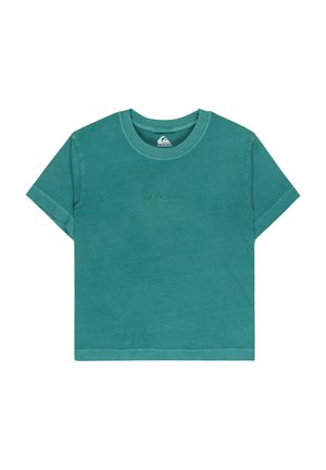 Teal cotton t-shirt with a round neckline, short sleeves, and a slightly cropped fit. Features a subtle logo embossed on the front.