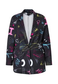 Blazer noir avec des textes et motifs vibrants de style graffiti multicolore. Comprend deux poches avant et un design à revers cranté.