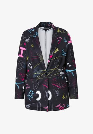 Zwarte blazer met levendige, multicolore graffiti-achtige tekst en patronen. Heeft twee voorke pocketen en een gesneden reversontwerp.