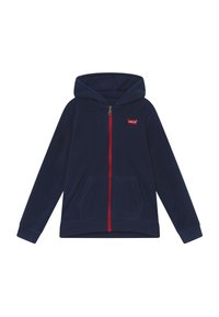 Granatowy polarowy hoodie z przednimi kieszeniami, czerwonym zamkiem błyskawicznym i małym czerwonym logo Levi's na lewej piersi.