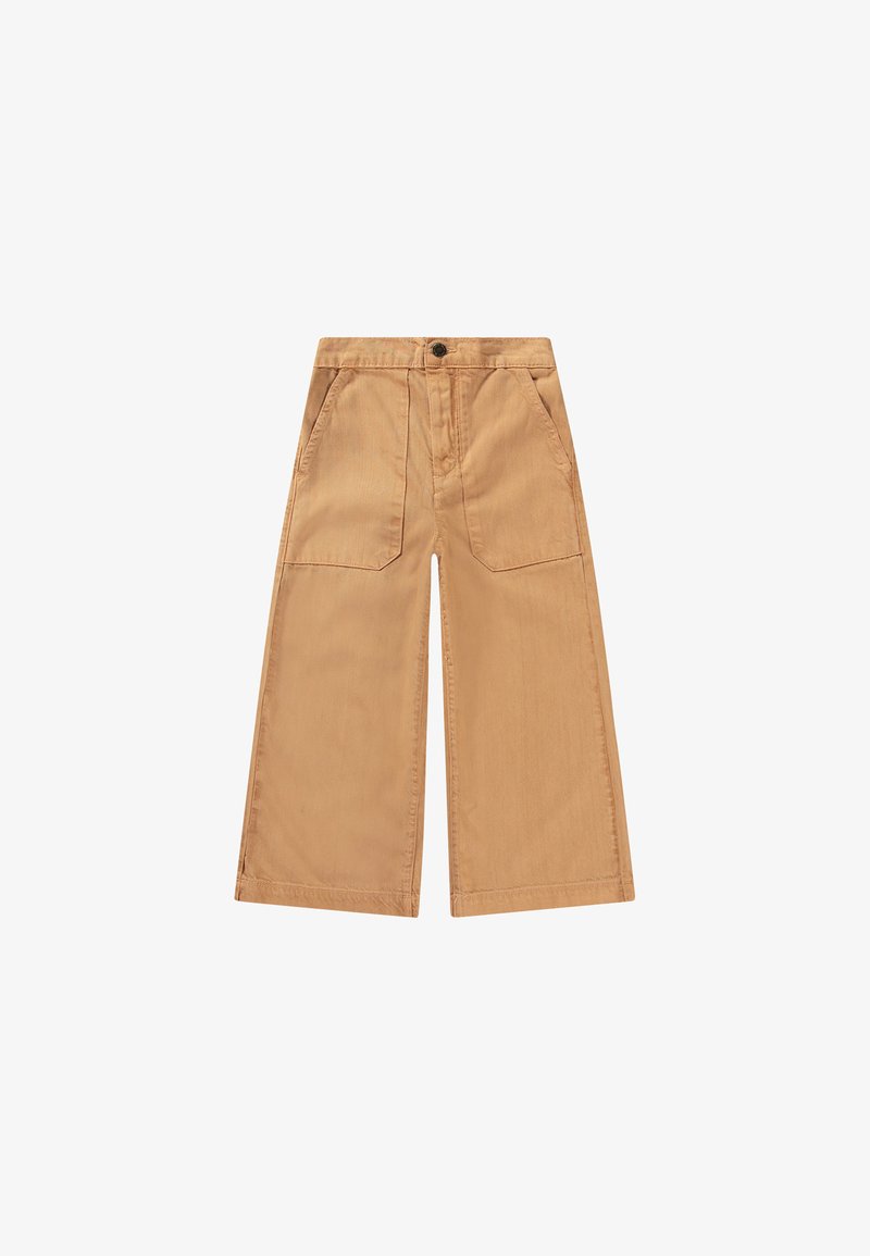 Pantalons larges en coton de couleur tan. Comprend deux poches avant, une fermeture à bouton et un ourlet droit avec une texture lisse.
