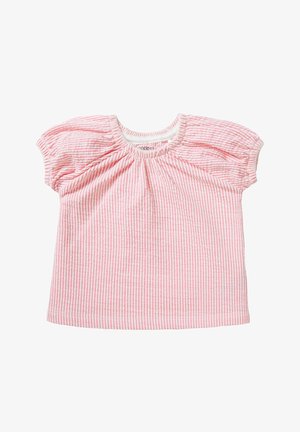 Lichtroze top met korte mouwen en verticale witte strepen, voorzien van geplooide details rond de halslijn en zachte katoenen stof.