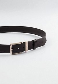 Black leather belt with silver rectangular buckle, two black loops, and "PICALDI" embossed on the tip and metal loop.