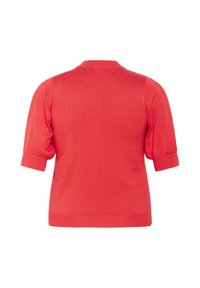 Cardigan à manches courtes en tissu tricoté corail, avec un col rond et des manches bouffantes, texture lisse et taille cintrée.