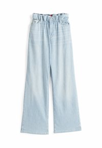 Pantalones de corte amplio en azul claro, hechos de denim a rayas. Cuentan con una cinturilla elástica y un sutil detalle de costura a lo largo de las costuras.