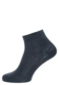 Knöchellange Socke in Dunkelgrau, aus glattem Material. Mit einem gerippten Bündchen und subtiler Textur. Keine sichtbaren Muster oder Akzente.