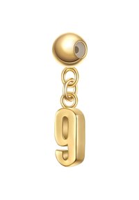 Kuldne charm, millel on number "9" julge, ümaras fondis, rippumas siledalt ovaalsest lingist, millel on väike aktsentdetail.
