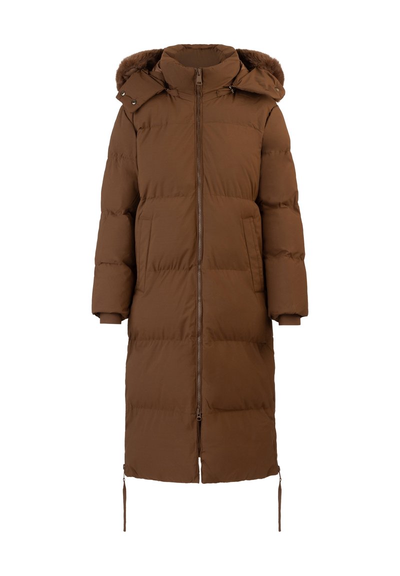Brauner Puffermantel mit Kapuze, ausgestattet mit einem gefütterten Kragen, einem Frontreißverschluss und zwei seitlichen Taschen. Er hat ein langes, gerades Design und elastische Bündchen.
