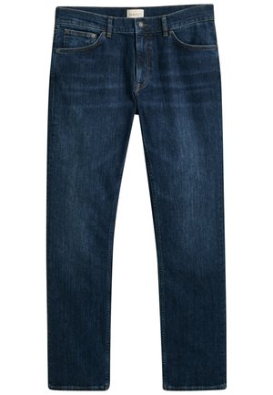 Mørkeblå denim jeans med lige ben, knap- og lynlåslukning samt forlommer. Glat tekstur og minimal falmning.