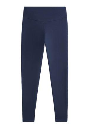 Navy leggings with a smooth, stretchy fabric. Features a wide, high waistband and contoured seams for a fitted look. No pockets or patterns.