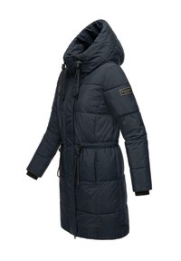 Navy blue padded coat with a high collar, adjustable drawstring waist, and black fabric cuffs. Features side pockets and a glossy brand label.