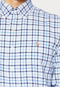 Blå och vit rutmönstrad skjorta med knapp-ned krage, med en liten broderad logotyp och mjuk bomullstextur.