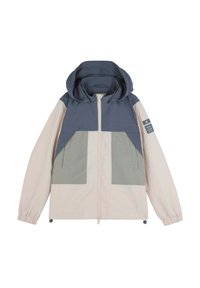 Veste colorée en blocs de beige, marine et vert olive. Dotée d'une fermeture éclair à l'avant, d'une grande capuche et de poignets élastiques. Tissu texturé avec des accents.