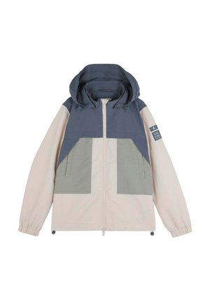 Color-blocked jacket in beige, navy, and olive green. Features a zip front, large hood, and elastic cuffs. Textured fabric with accents.