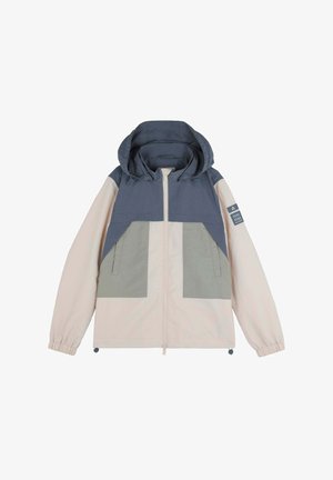 Color-blocked jacket in beige, navy, and olive green. Features a zip front, large hood, and elastic cuffs. Textured fabric with accents.