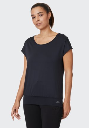 Schwarzes athletisches Kurzarm-Oberteil mit Rundhalsausschnitt, glatter Textur und lockerer Passform. Verfügt über einen gesäumten unteren Abschluss mit Logodetail.