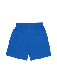 Pantaloni corti in cotone elasticizzati blu con vita elastica, design semplice e cuciture precise, stesi su uno sfondo bianco.