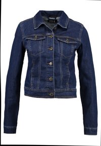 Denimjacka i mörkblått med långa ärmar, knappstängning, två bröstfickor och kontrastsöm, med en klassisk kragsdesign.