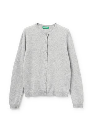 Hellgraue Knopfkarte mit rundem Ausschnitt und langen Ärmeln, mit gerippten Bündchen und Saum.