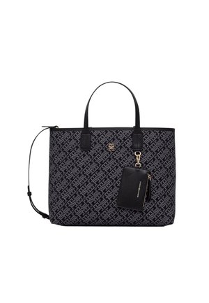 Bolso tote negro con un patrón texturizado, material sintético, dos asas y una pequeña bolsa con cremallera desmontable sujeta por una cadena dorada.