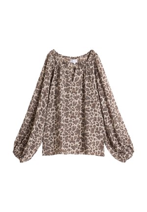 Leopardmønster bluse, lett stoff, avslappet passform, off-the-shoulder halsen, lange puffede ermer, elastiske mansjetter, nøytrale toner.