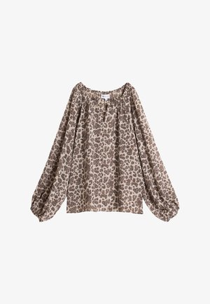 Leopardmønster bluse, lett stoff, avslappet passform, off-the-shoulder halsen, lange puffede ermer, elastiske mansjetter, nøytrale toner.