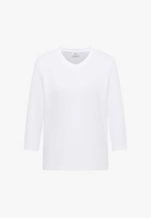 Valkoinen pitkähihainen V-kaula-aukollinen T-paita, valmistettu pehmeästä puuvillamateriaalista. Siinä on suoraviivainen leikkaus ja selkeä muotoilu ilman lisäkuvioita tai yksityiskohtia.